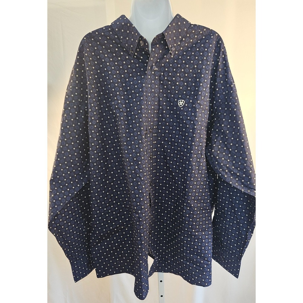 Ariat Mens XXL Blue Geometric Print Long Sleeve Button Down Cotton Western Shirt